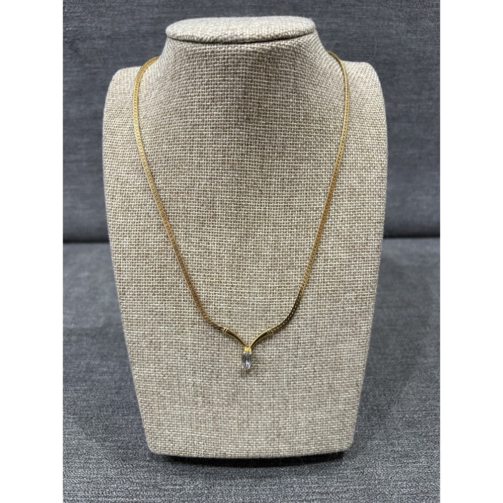 Vintage‎ Avon Gold Tone Chain with Clear Diamante, CZ Wishbone Necklace